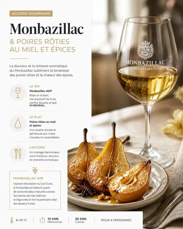 Verre de vin blanc Monbazillac servi avec des poires rôties au miel pour un accord mets-vins parfait