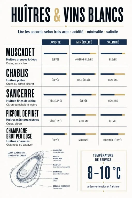 Huitres vin blanc : infographie des meilleurs accords selon le type d’huître, la préparation et la température de service