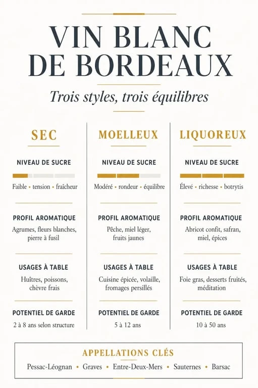 Vin blanc bordeaux comparatif des styles sec, moelleux et liquoreux