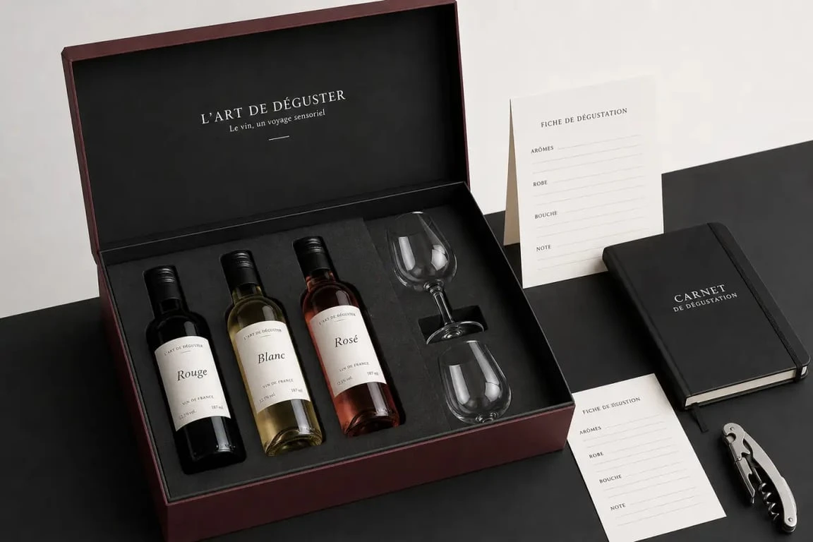 Kit dégustation vin avec coffret ouvert, trois bouteilles, fiches de dégustation et verres sur table sombre