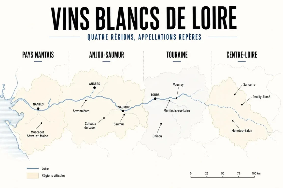 Carte des régions du vin blanc de Loire et de ses principales appellations