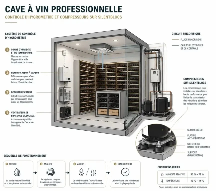 Schéma technique des composants d'une cave à vin professionnelle