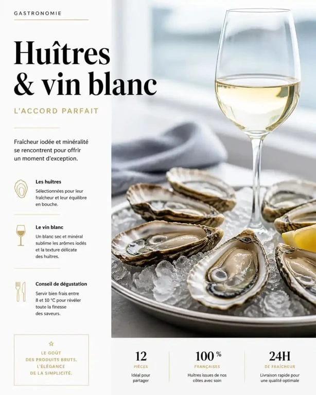 Plateau d'huîtres fraîches accompagné d'un verre de vin blanc pour un accord mets-vins réussi