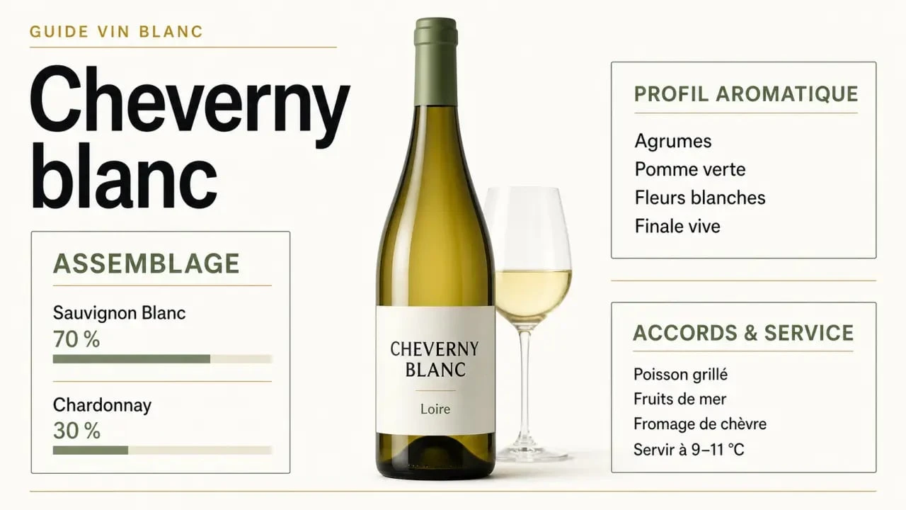 Cheverny vin blanc : cépages Sauvignon Blanc et Chardonnay, arômes frais, accords mets-vins et conseils de service