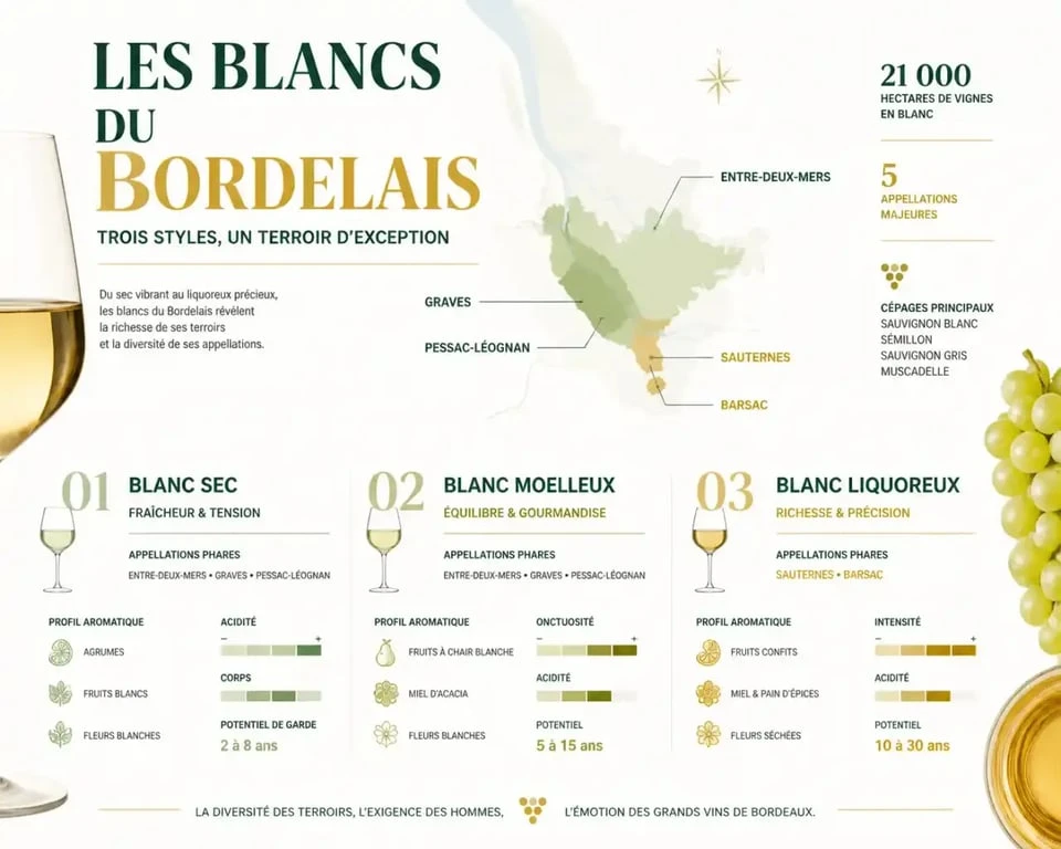 Vin blanc du Bordelais : infographie éditoriale des styles sec, moelleux et liquoreux avec appellations repères