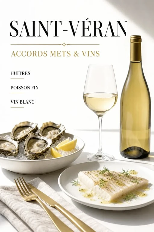 Saint-Véran vin blanc : scène d’accords avec huîtres et poisson sur table de dégustation