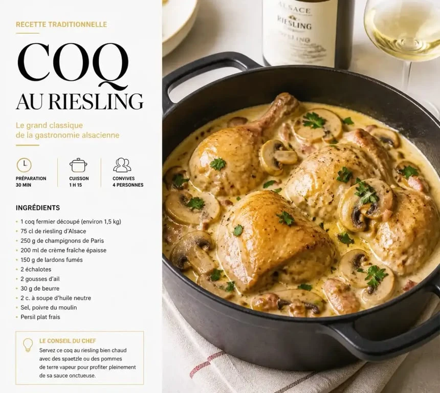 Recette coq au riesling traditionnel alsacien servi dans une cocotte