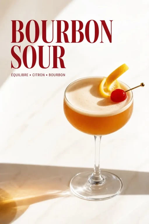 Bourbon sour servi dans un verre à cocktail avec mousse légère et garniture au citron