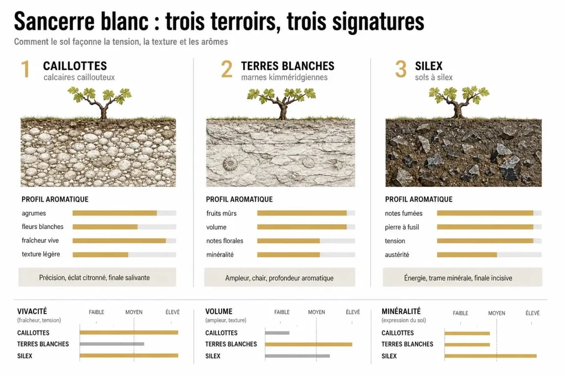 Sancerre vin blanc : infographie sur les terroirs Caillottes, Terres Blanches et Silex