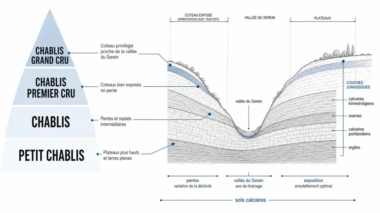 Chablis vin blanc : schéma comparatif des appellations et du terroir calcaire