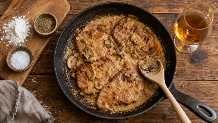 Escalope de veau flambée au cognac avec crème et champignons