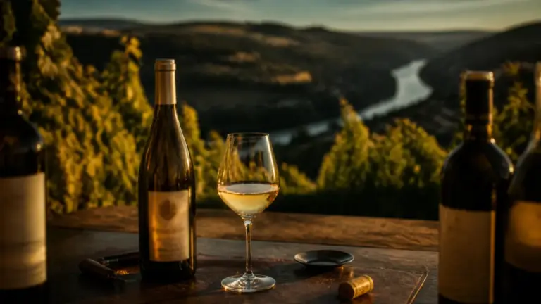 Gaillac vin : bouteille de vin blanc et verre sur table, ceps en arrière-plan