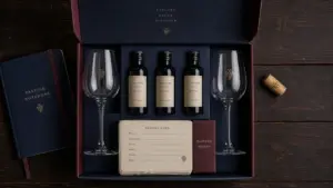 Kit dégustation vin : coffret ouvert, verres et fiches de dégustation