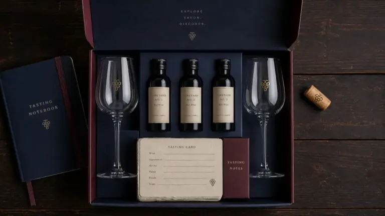 Kit dégustation vin : coffret ouvert, verres et fiches de dégustation