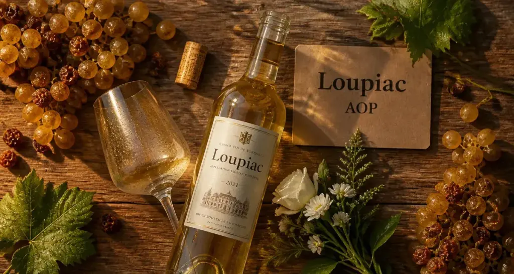 Loupiac vin blanc, bouteille et raisins dorés, style liquoreux