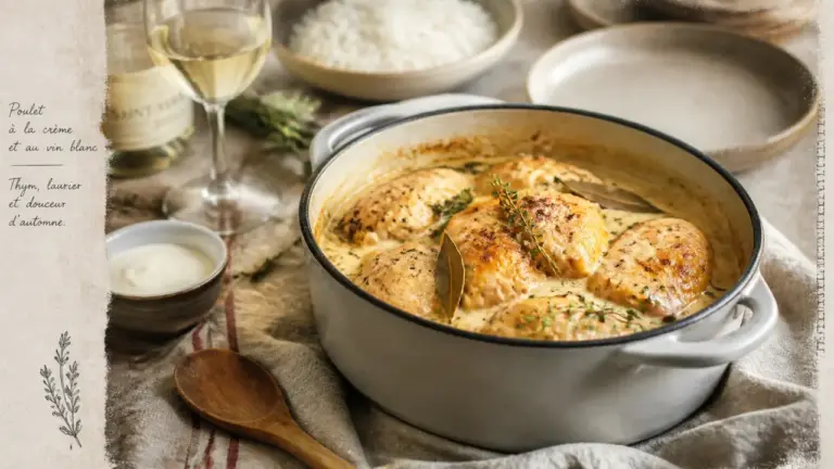 Poulet au vin blanc crémeux, morceaux de poulet en cocotte avec sauce.