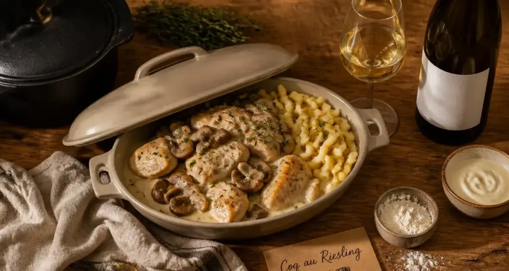 Recette coq riesling alsacienne : coq en sauce au riesling, champignons et spaetzle