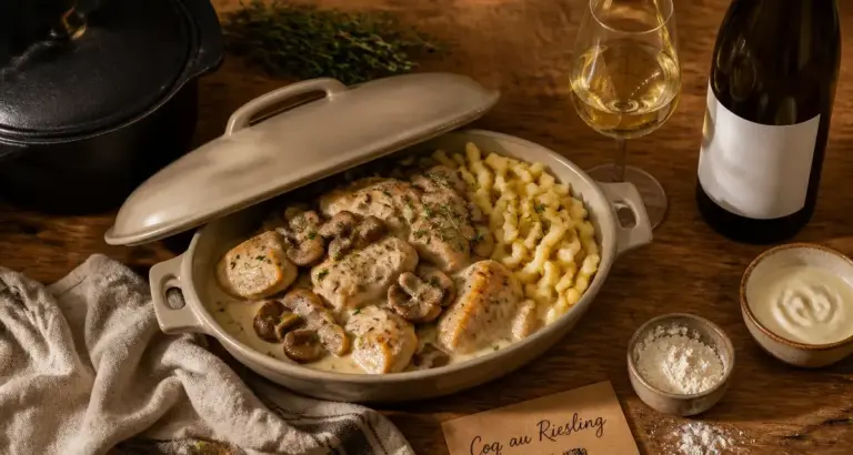 Recette coq riesling alsacienne : coq en sauce au riesling, champignons et spaetzle