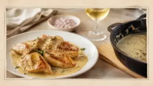 Sot l y laisse de dinde au vin blanc, nappés de sauce crémeuse, assiette et poêle en fonte