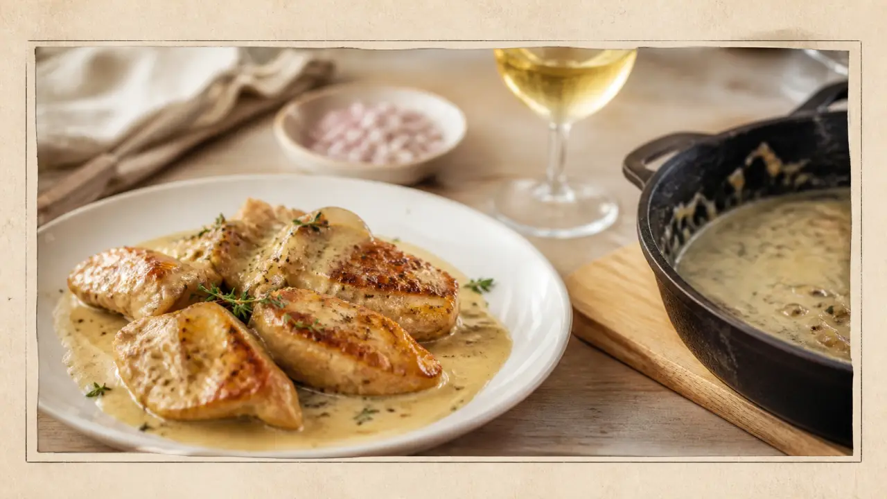 Sot l y laisse de dinde au vin blanc, nappés de sauce crémeuse, assiette et poêle en fonte