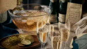 Soupe champenoise : recette pour 20 personnes, saladier à punch avec bulles