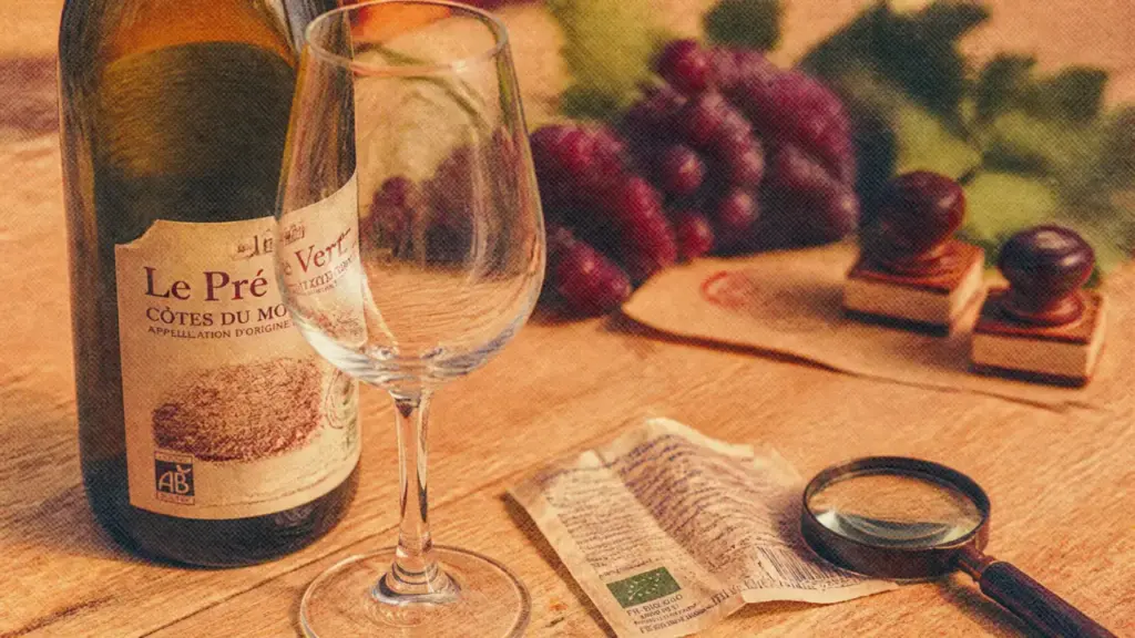 Vin bio sur table : étiquette et loupe, sulfites