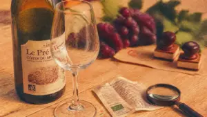 Vin bio sur table : étiquette et loupe, sulfites