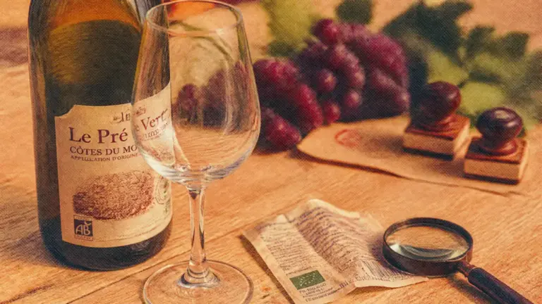 Vin bio sur table : étiquette et loupe, sulfites