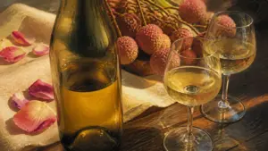 Vin blanc gewurztraminer avec arômes de litchi, verres et bouteille sur table sombre