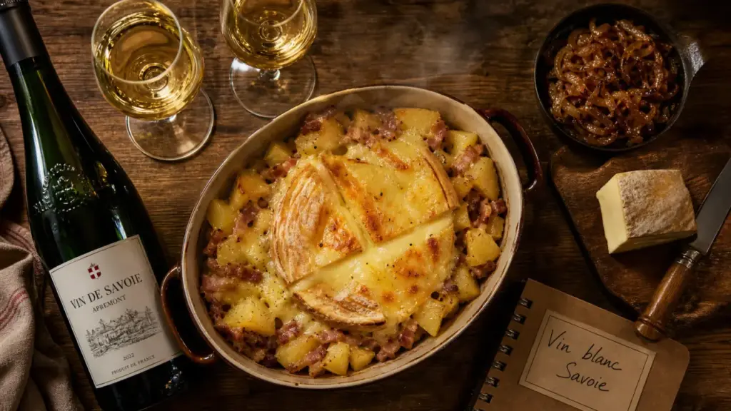 Vin blanc tartiflette Savoie : tartiflette et bouteille de vin blanc sec