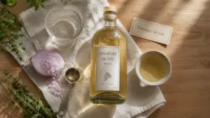 Vinaigre de vin blanc sur plan de travail, bouteille et pot de vinaigre