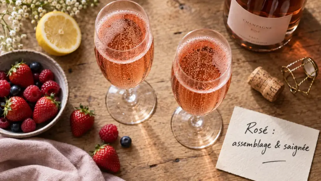 Champagne rosé : verres, bouteille et fruits rouges