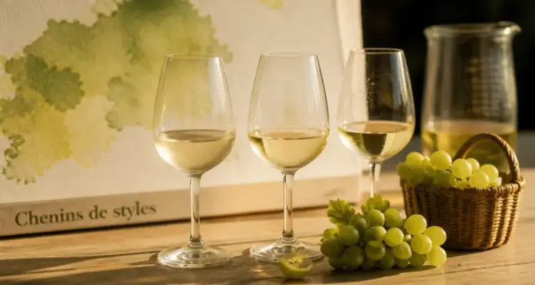 Chenin blanc : trois verres, grappe et vendanges, styles de vin blanc