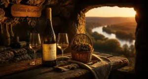 Coteau du layon region : Chenin angevin en cave troglodytique, bouteilles et raisins botrytisés