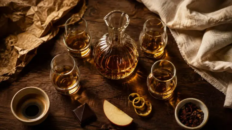 Digestifs après repas : eau-de-vie, liqueur, whisky, rhum en verres