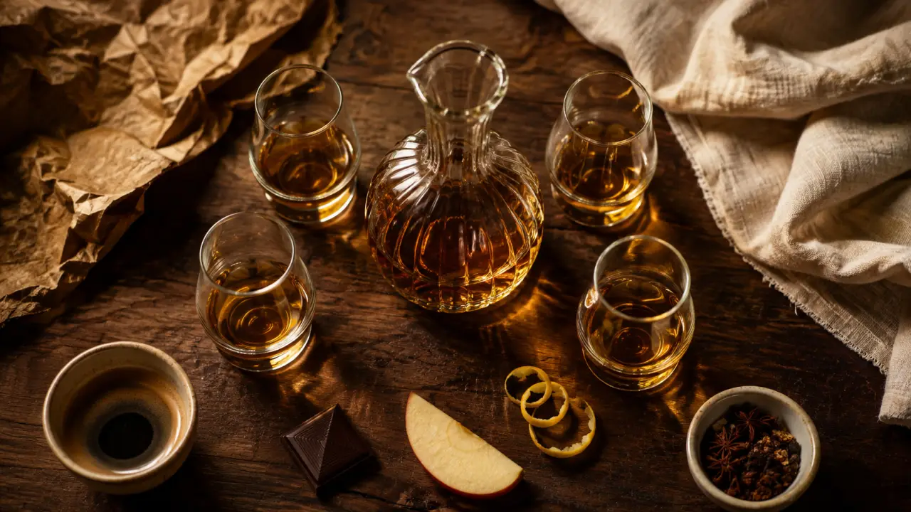 Digestifs après repas : eau-de-vie, liqueur, whisky, rhum en verres