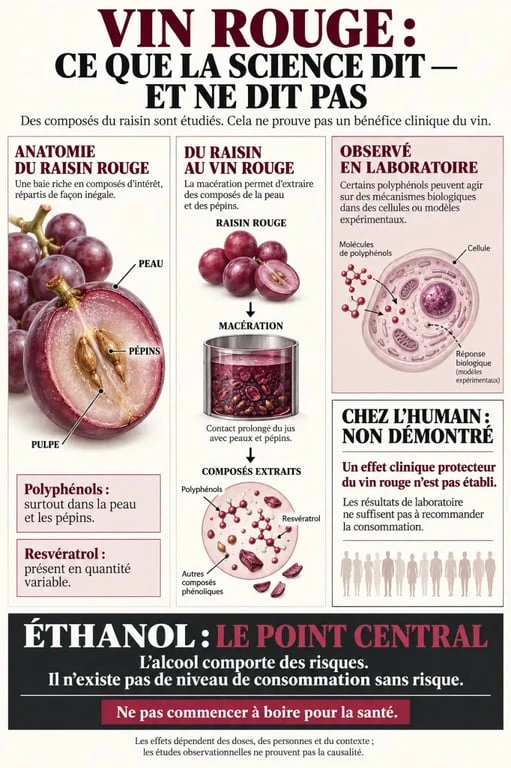 Infographie sur les bienfaits du vin rouge, le resvératrol et les limites des preuves scientifiques