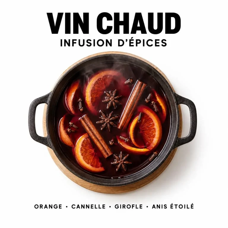 Préparation du Glühwein avec épices infusant dans une casserole de vin rouge