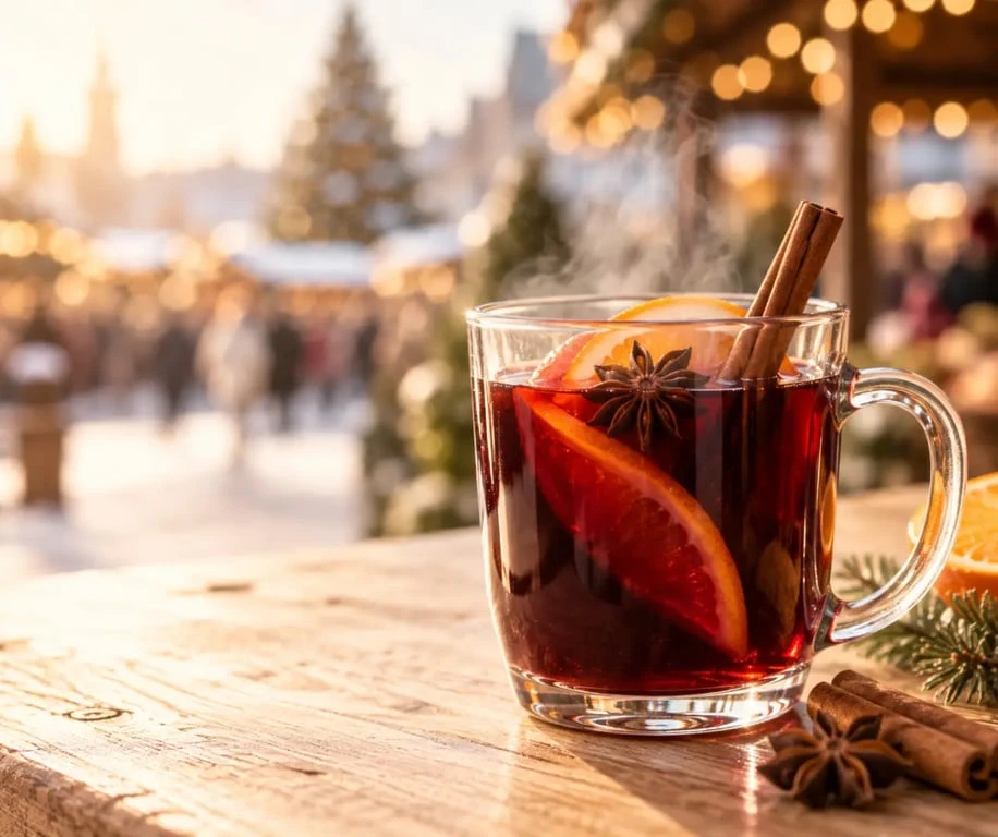 Tasse de Glühwein fumant avec cannelle et orange sur un marché de Noël