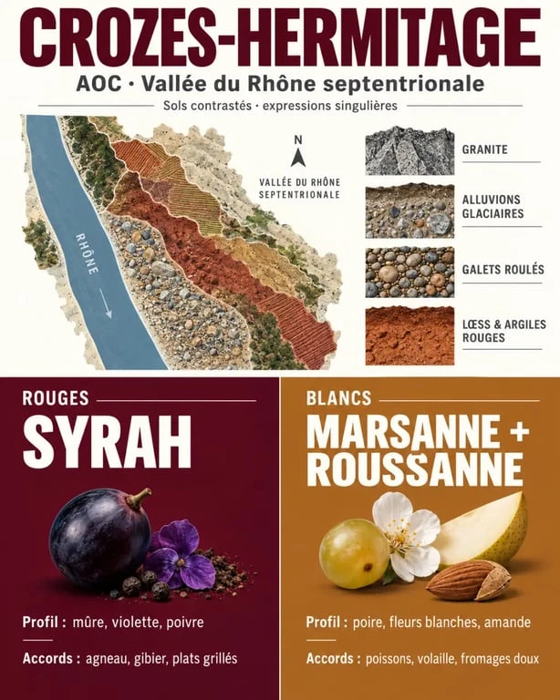 Infographie de l’AOC Crozes-Hermitage avec terroirs, cépages et profils des vins rouges et blancs