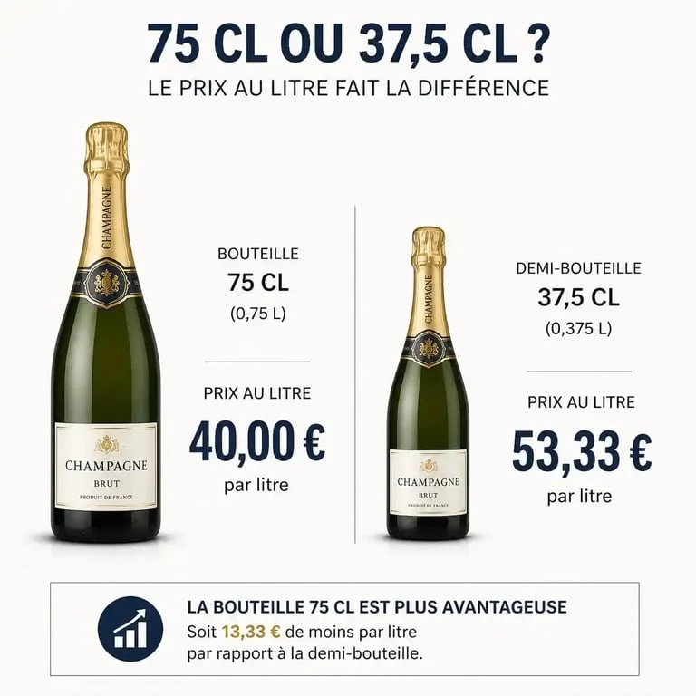 Comparatif prix au litre bouteille de champagne 75cl et demi-bouteille