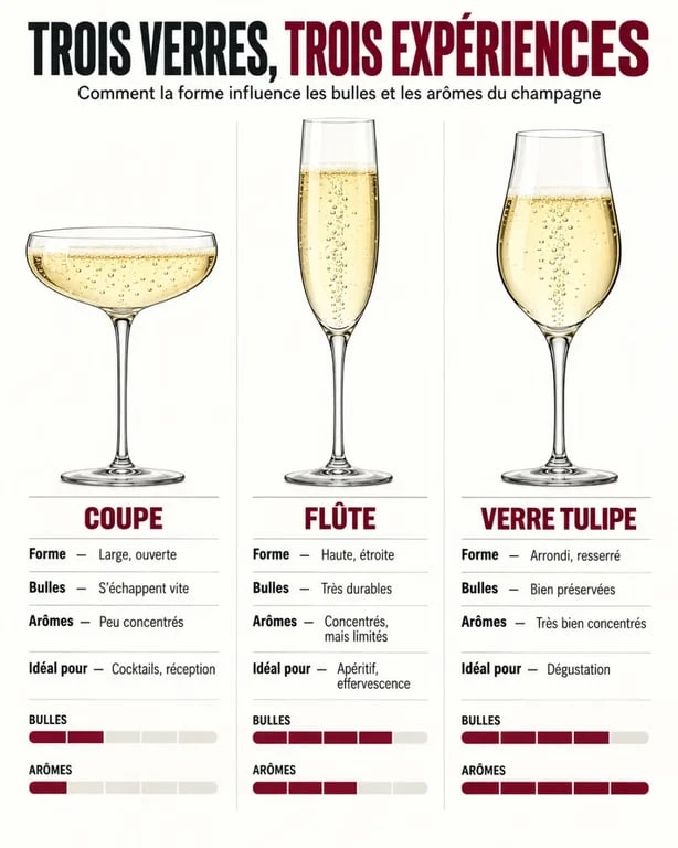 Infographie comparative de la coupe de champagne, de la flûte et du verre tulipe