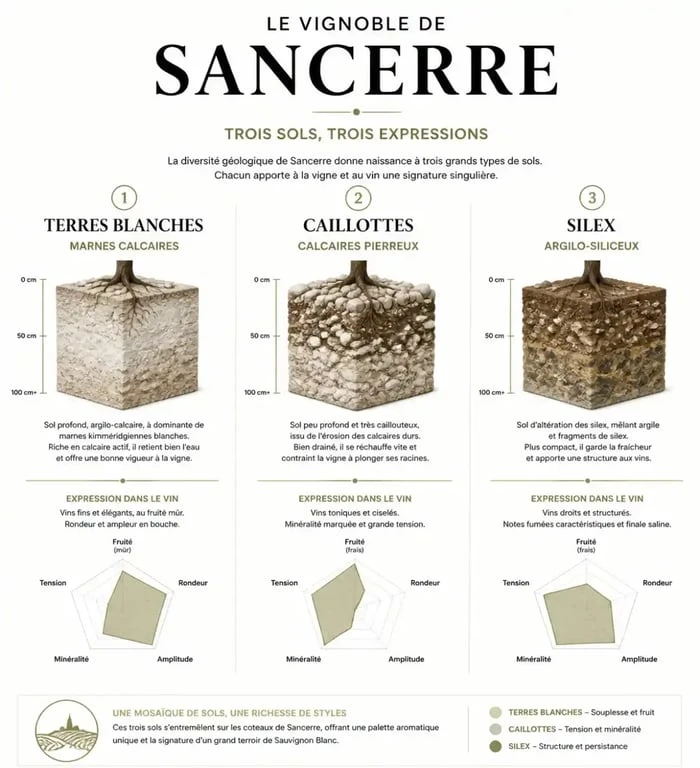 Les trois types de sols du vignoble de Sancerre : Terres Blanches, Caillottes et Silex