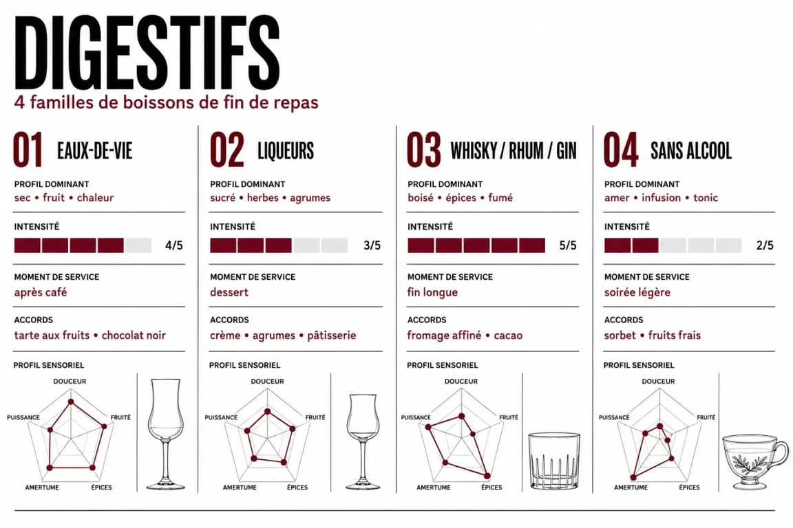 Digestifs : comparatif visuel des familles de boissons de fin de repas