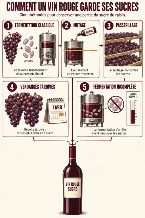 Vin rouge sucré : schéma des méthodes de conservation des sucres du raisin