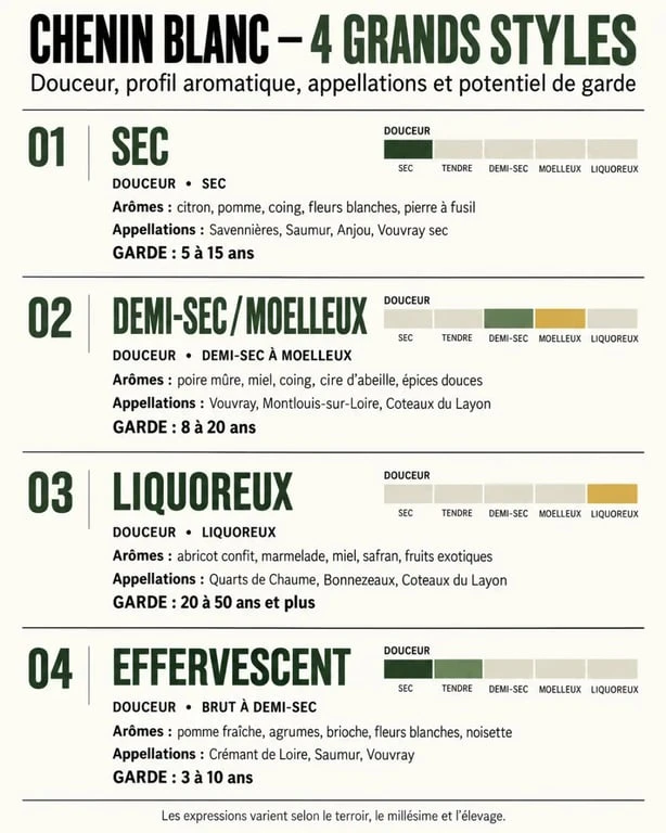 Infographie des styles de chenin blanc, de leurs arômes, appellations et potentiels de garde