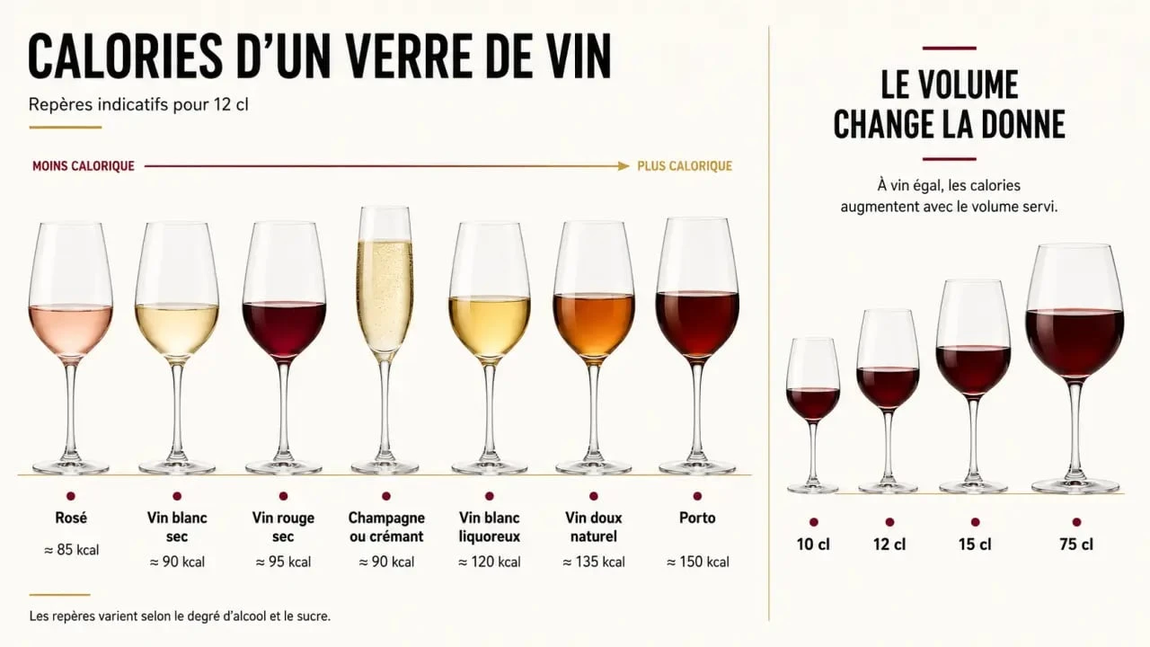 Infographie sur les calories d’un verre de vin selon le type de vin et le volume servi