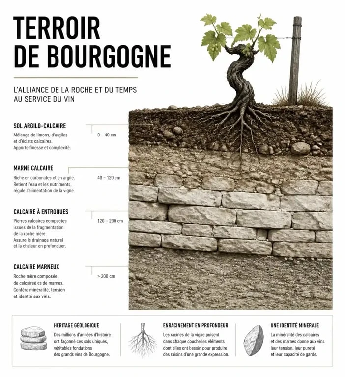 Schéma géologique du terroir de Meursault avec sols calcaires et marnes