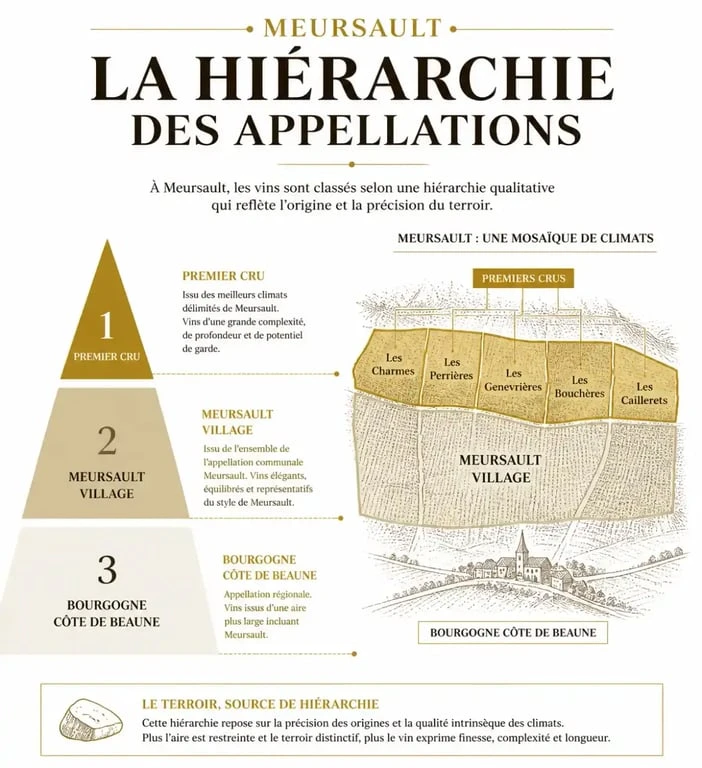 Infographie de la hiérarchie des vins de Meursault, du Village au Premier Cru
