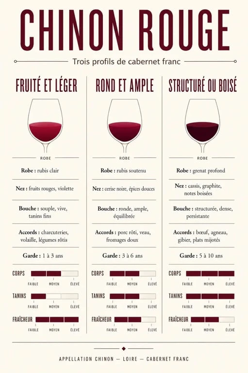 Vin rouge chinon : comparaison visuelle des styles fruité, ample et boisé